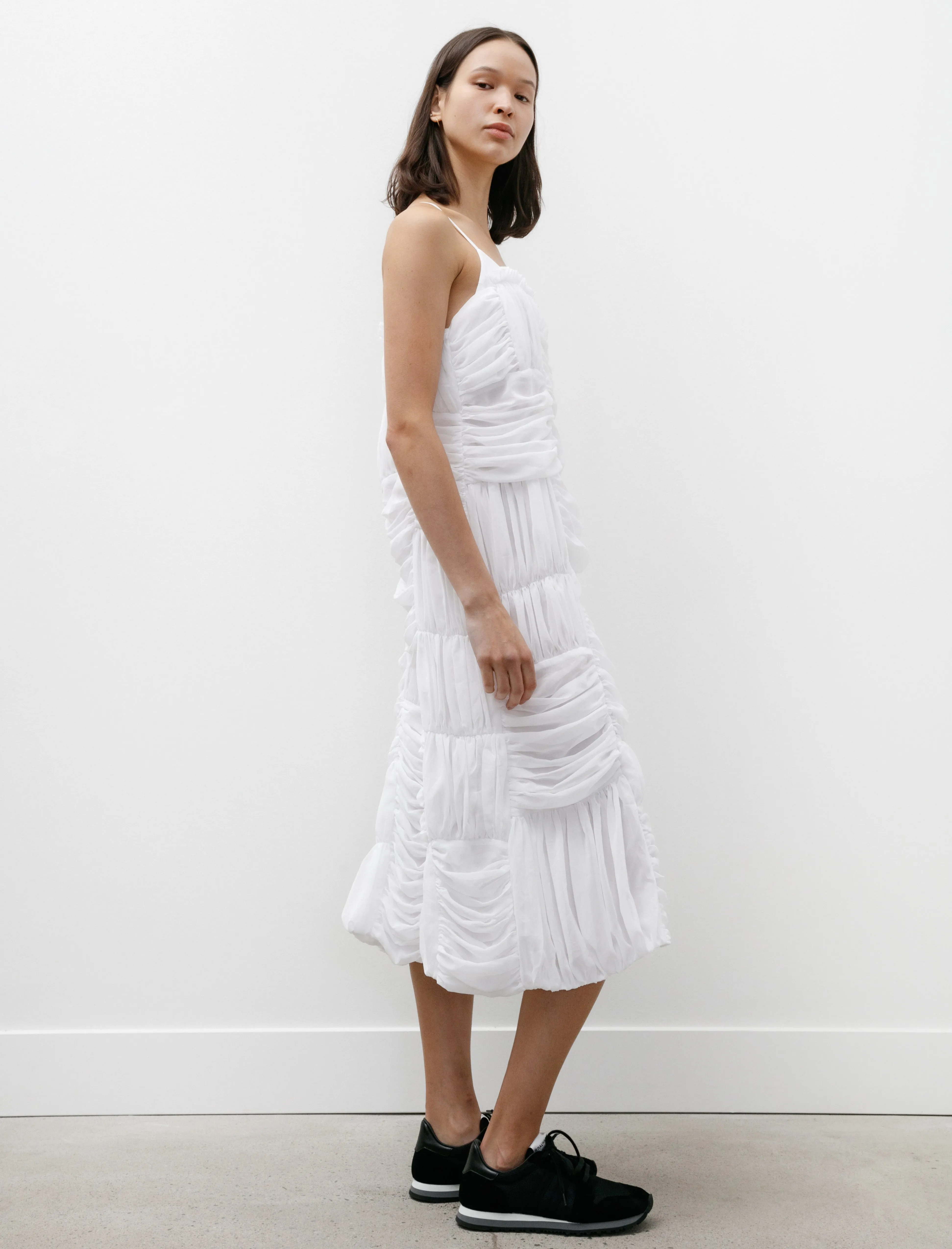 Sleeveless Gathered Georgette Dress White