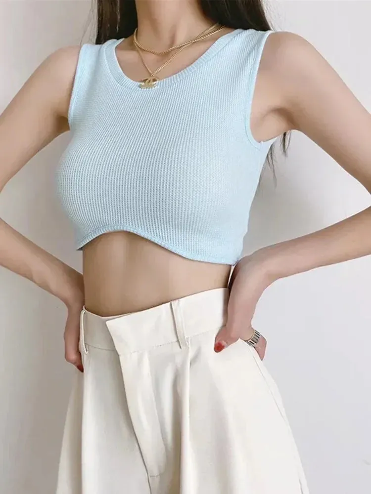 Solid Color Knit O-Neck Streetwear Crop Top