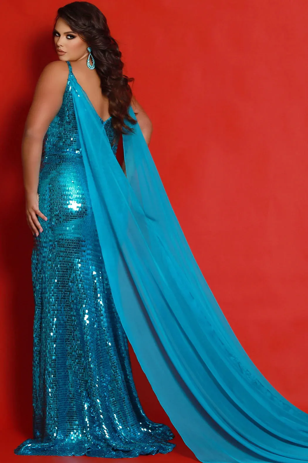 Sydneys Closet JK2413 Long Fitted Plus Size Sequin Cape Prom Dress Plunging Neckline V Back Slit Pageant Gown