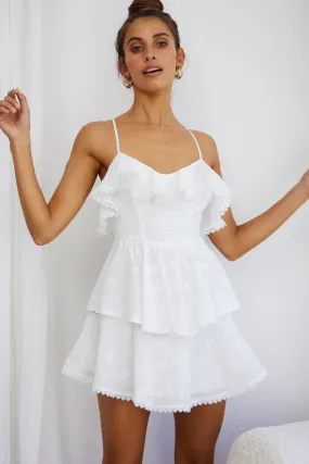 Tameka Ruffle Trim Layered Hem Eyelet Dress White