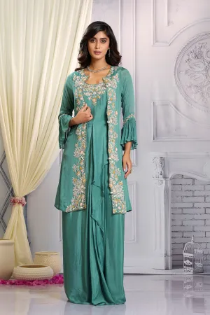 Teal Green Embellished Chinon Silk Cape Gown