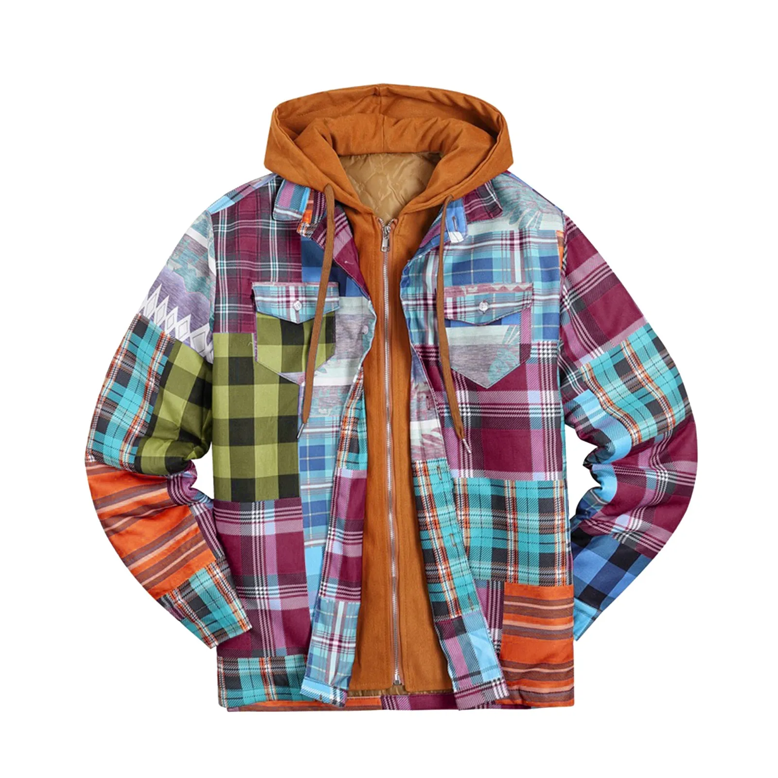 THICKEN PLAID PATCHWORK HOODED FAKE TWO PIECES ZIPPER POCKET QUILTED  JACKET