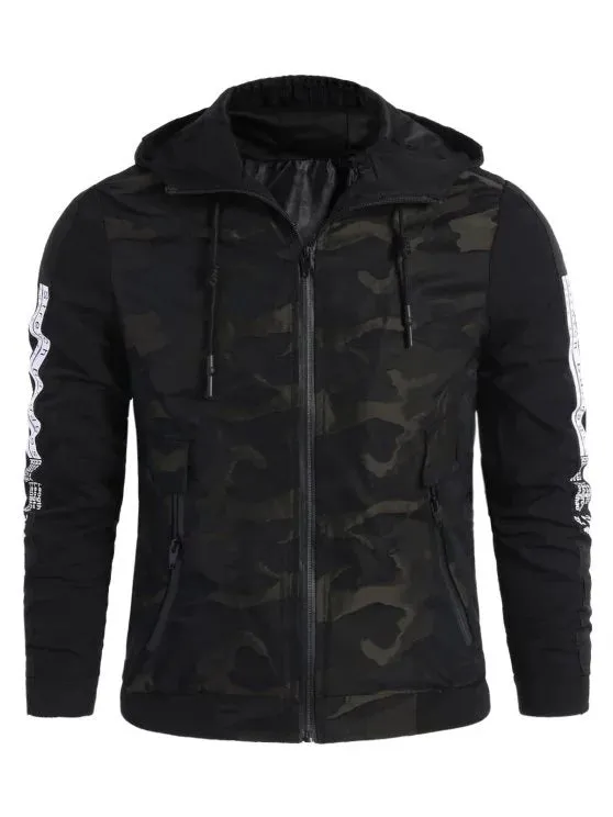 Trendy Camo Side Letter Hooded Jacket