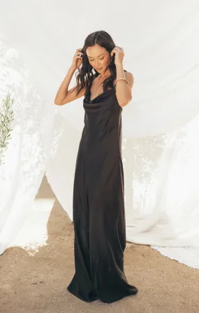 Tuscany Maxi Slip Dress ~ Black Luxe Satin