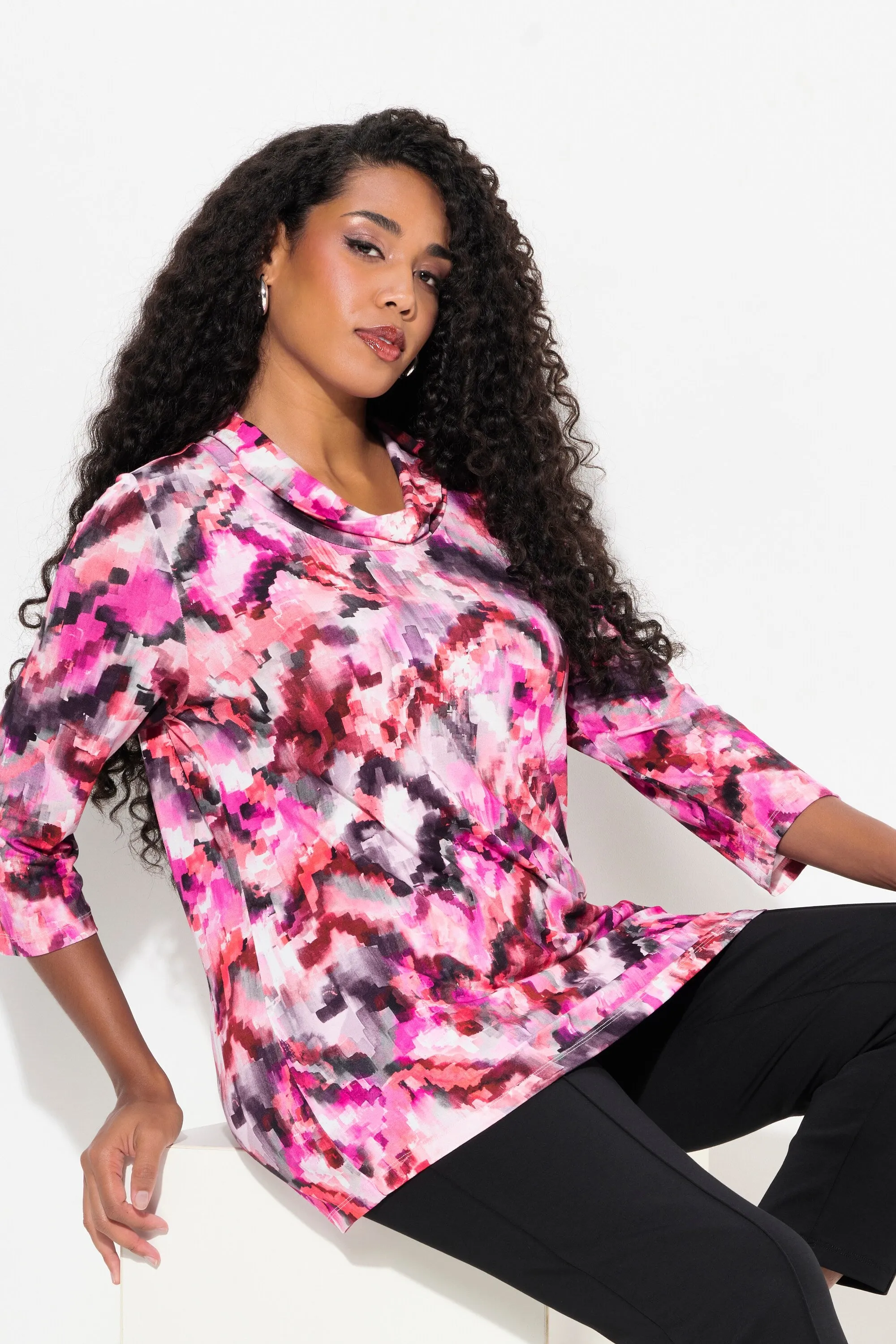 Ulla Popken Cowl Neck Top in Pink Pixel Print