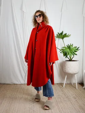 Vintage Lipstick Red Pleated Wool Cape