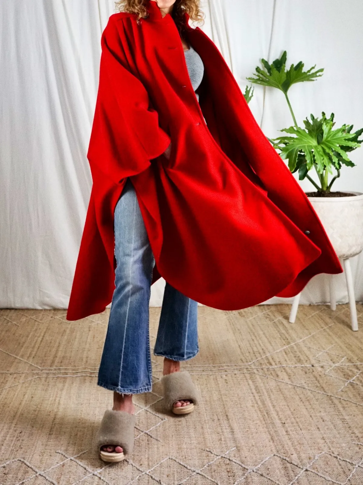 Vintage Lipstick Red Pleated Wool Cape