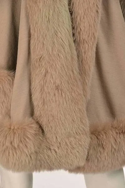 Vintage Taupe Wool Blend Knit Cape with Fox Fur Trim