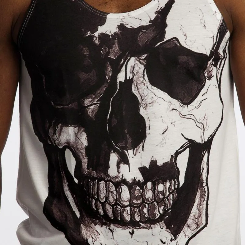 Vintage Treatment Skull Collar Bone White Tank