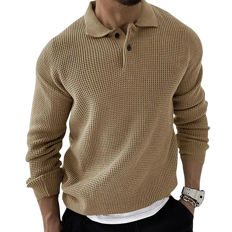 WAFFLE KNITTED POLO COLLAR SWEATER