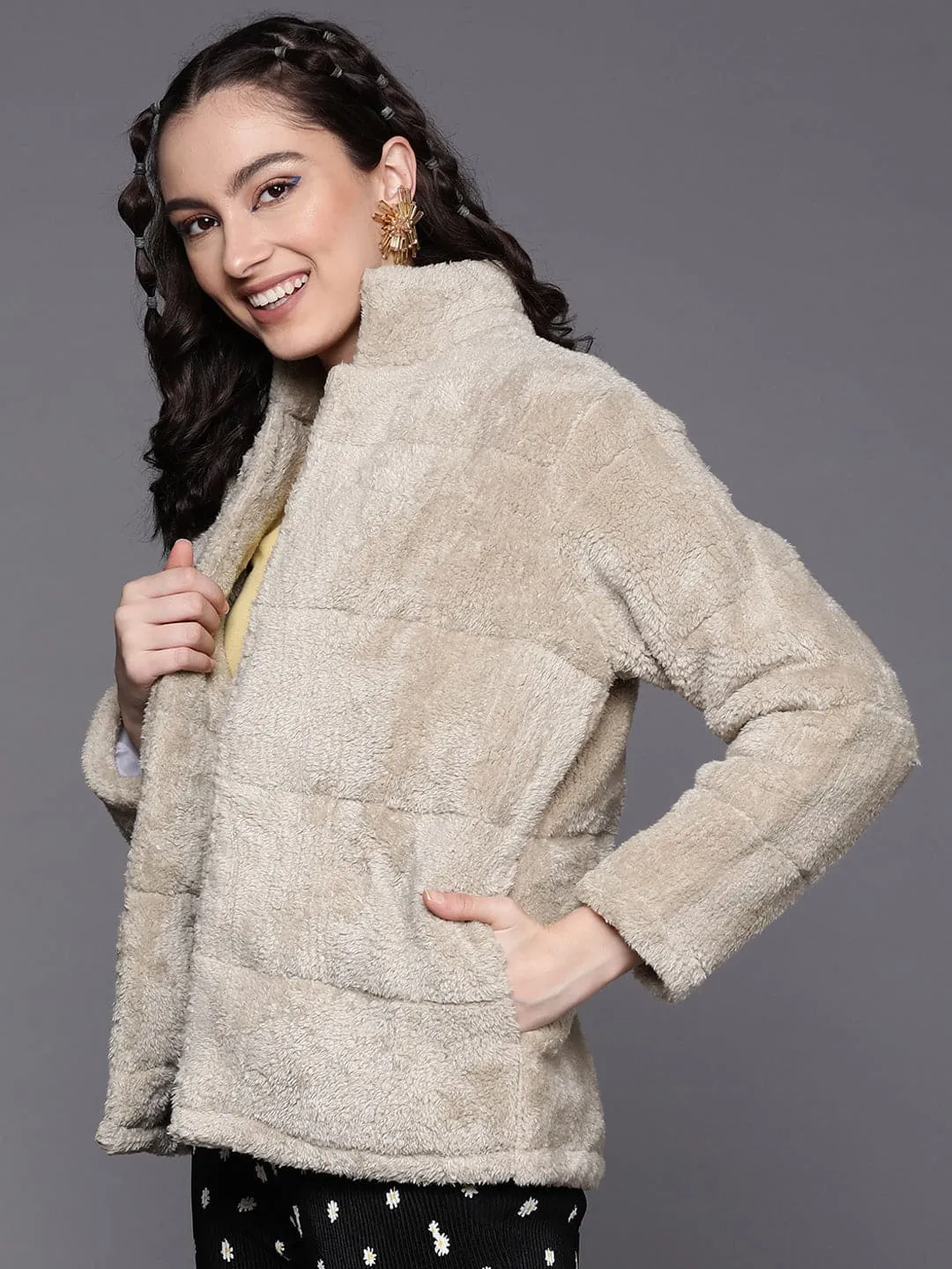 Women Beige Faux Fur Quilted Jacket