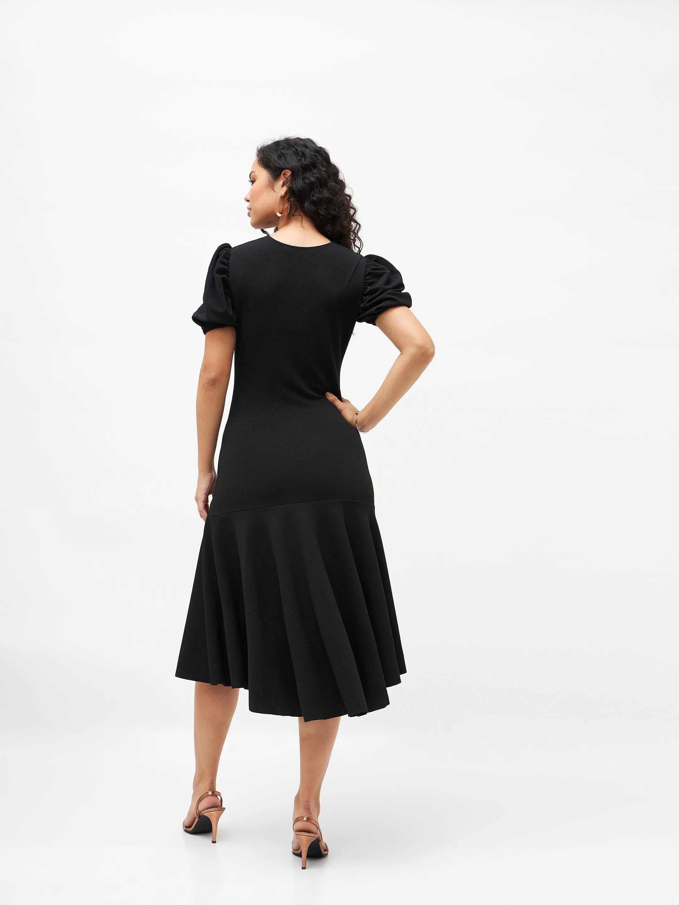 Women Black Front Ruched Midi Dress