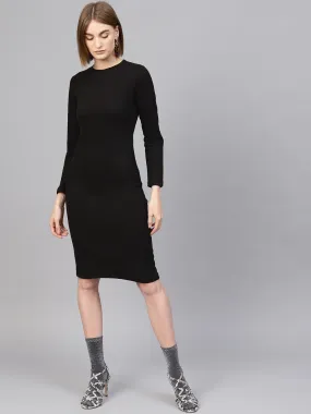 Women Black Rib Full Sleeves Bodycon Dress