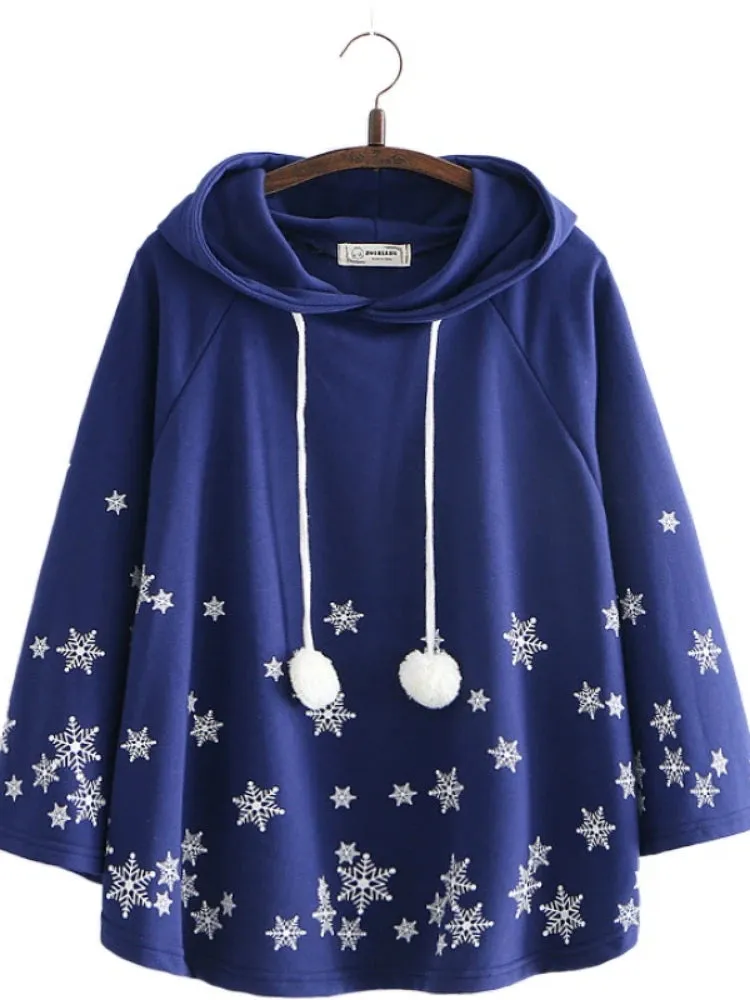 Women Coat Cloak Bat Sleeved Cartoon Snowflake Print Hooded Jacket Autumn Winter Batwing Sleeve Sweet Ladies Basic Outwears