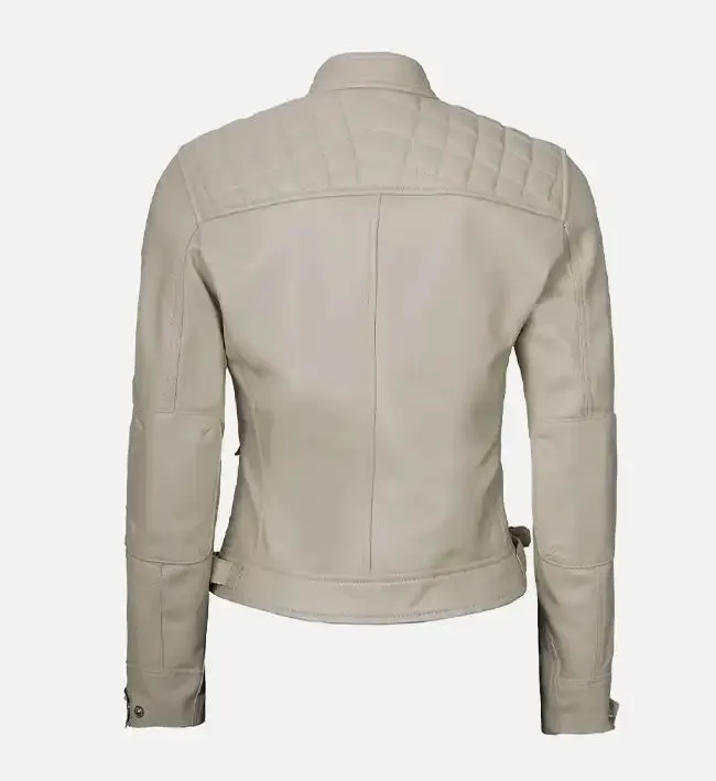 Women’s Beige Diamond Cafe Racer Leather Jacket