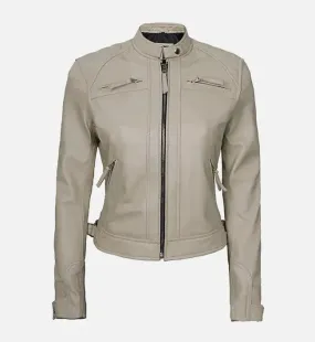 Women’s Beige Diamond Cafe Racer Leather Jacket