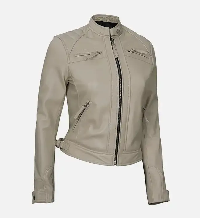 Women’s Beige Diamond Cafe Racer Leather Jacket