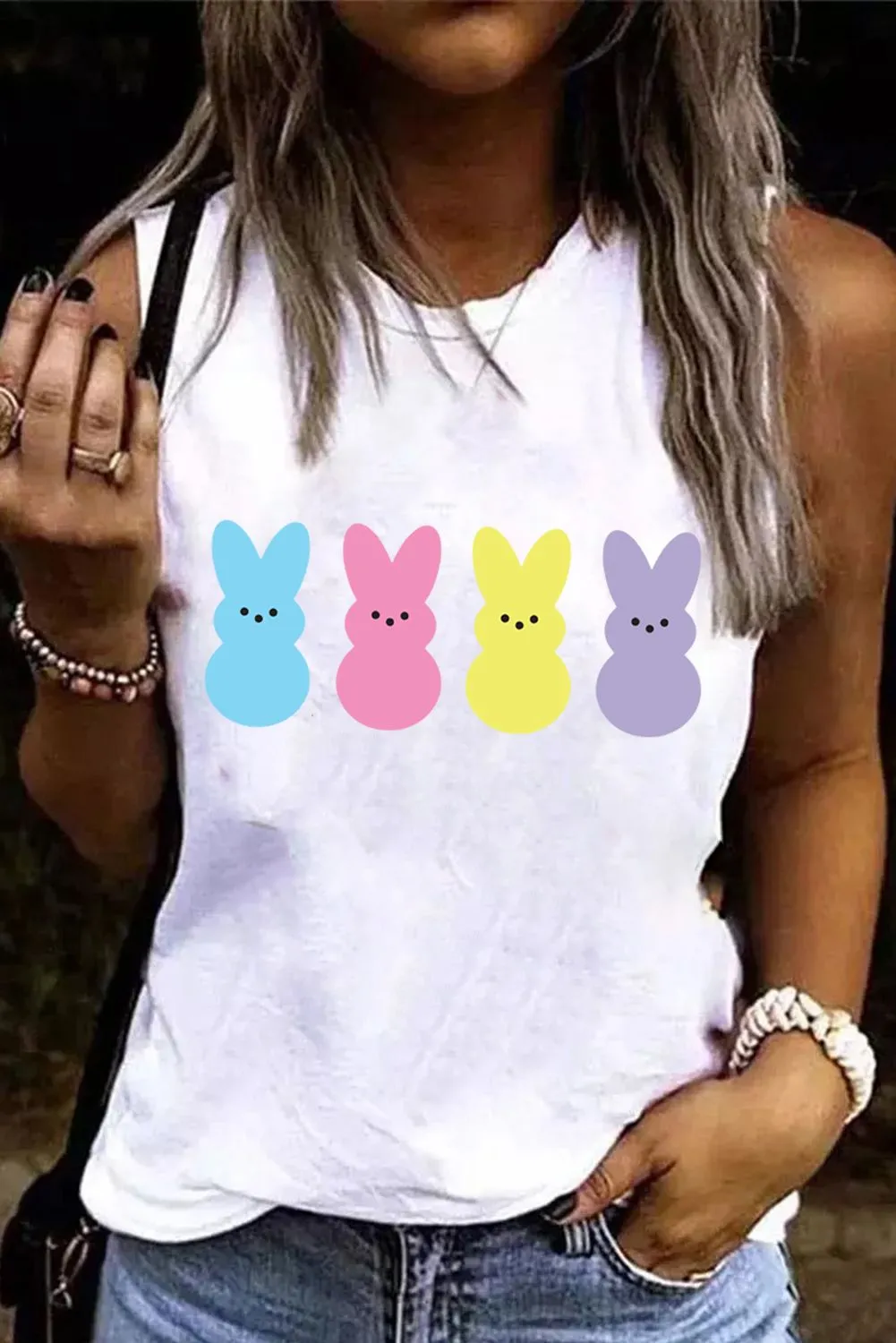 Women's Easter Bunny Print Tank Top Casual Sleeveless Top