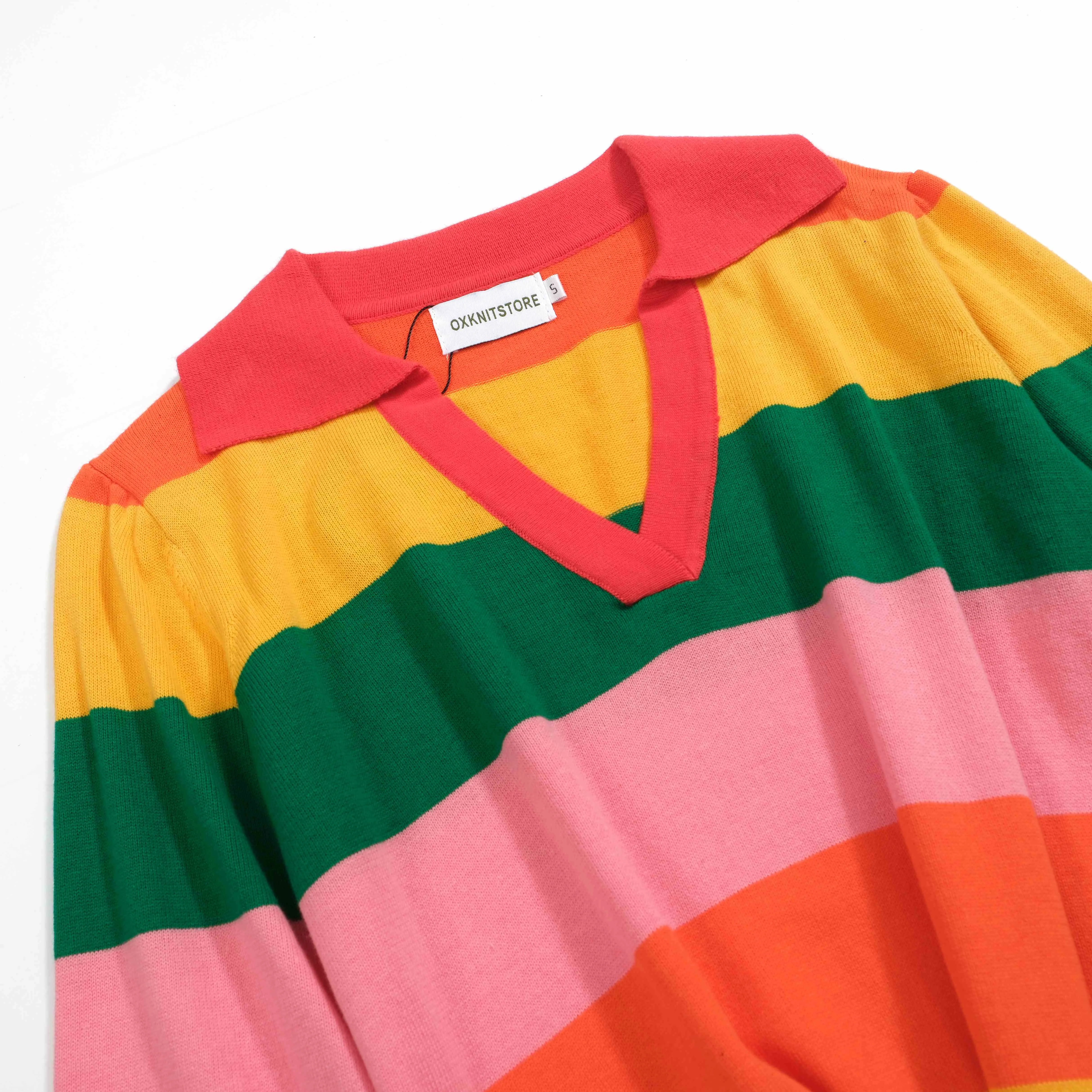 Women's multi-colored striped V-neck polo shirt