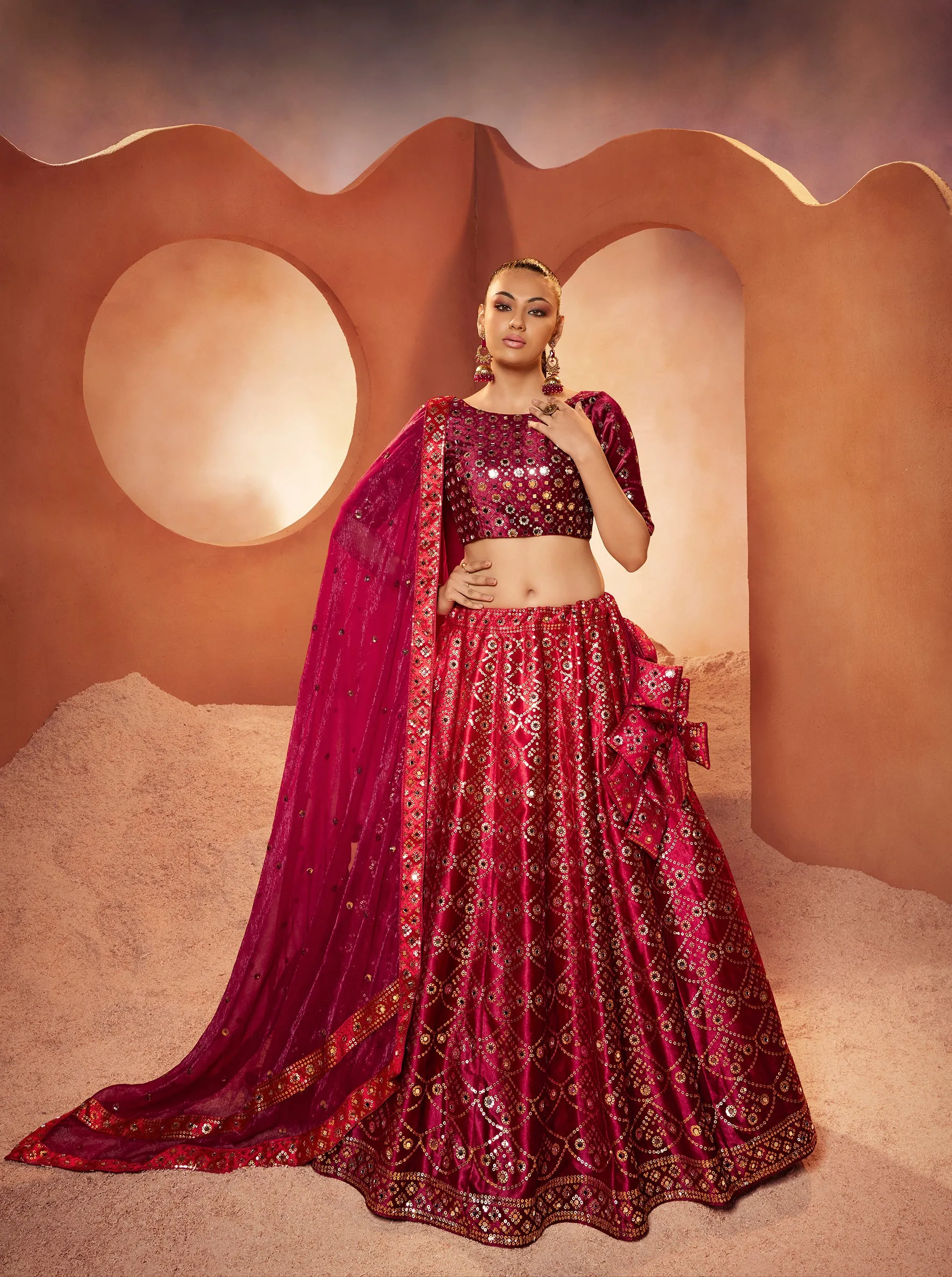 Wonderful Magenta Color Mirror & Sequence Work Velvet Lehenga Choli