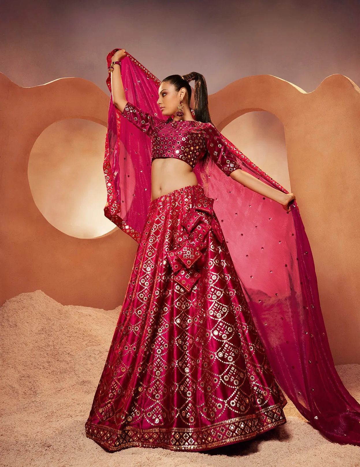 Wonderful Magenta Color Mirror & Sequence Work Velvet Lehenga Choli