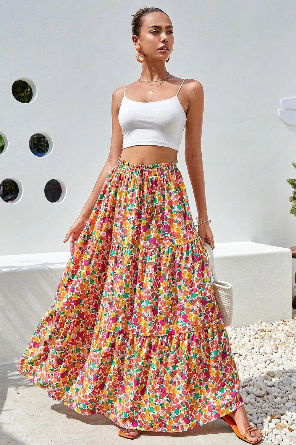 Yellow Boho Floral Print Tiered Long Skirt