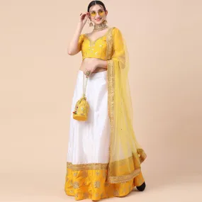 Yellow-White Party Wear Sequins Embroidered Satin Lehenga Choli