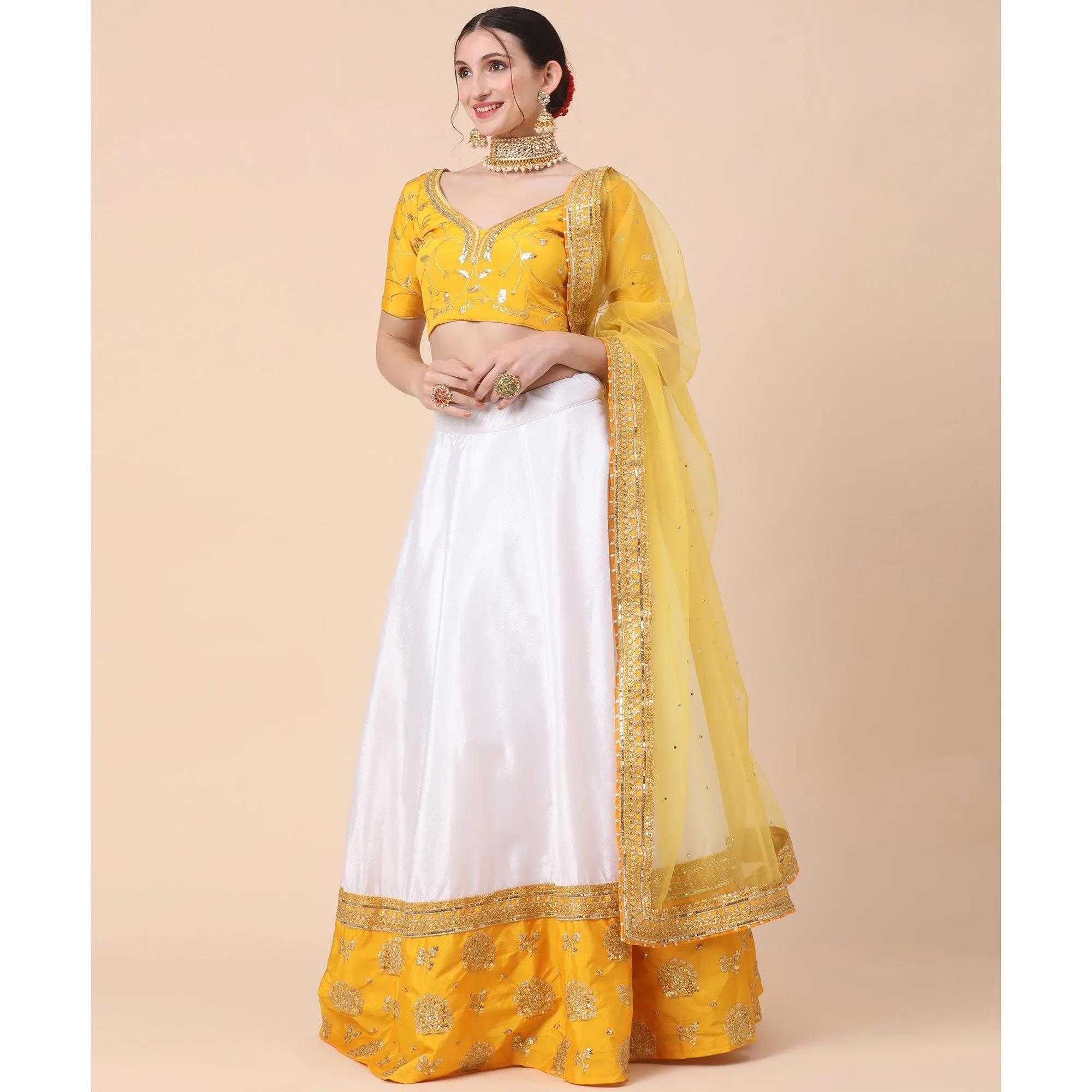 Yellow-White Party Wear Sequins Embroidered Satin Lehenga Choli