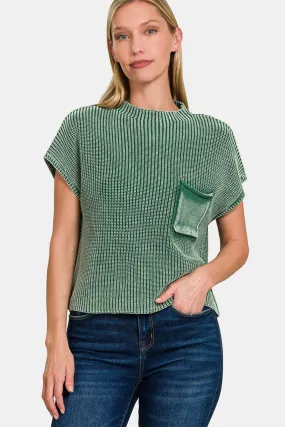 Zenana Washed Mock Neck Short Sleeve Cropped Sweater